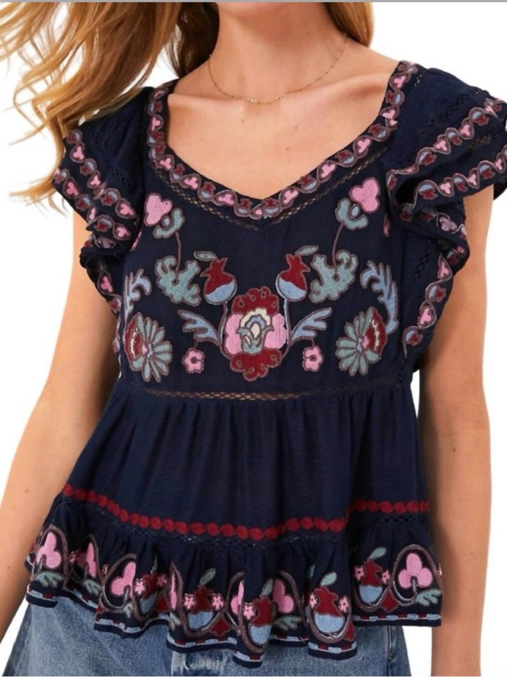Sea New York Navy Embroidered Flutter-Sleeve Blouse